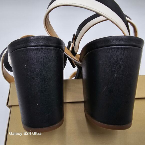 Talbots Nappa Leather Sandals Black White Ankle Strap Block Heel Women's 7.5M - Picture 8 of 10